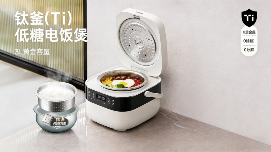 DFB-001迷你电饭煲,家用3到4人米汤分离,钛釜内胆智能电饭锅低糖煮饭0涂层插图 DFB-001迷你电饭煲,家用3到4人米汤分离,钛釜内胆智能电饭锅低糖煮饭0涂层插图