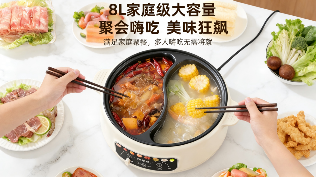 DHG-001 OUPAI多功能电煮锅，2000W大火力9档调节不粘电火锅，8L大容量鸳鸯锅插图1
