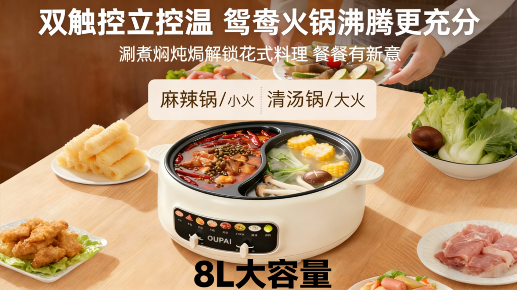 DHG-001 OUPAI多功能电煮锅，2000W大火力9档调节不粘电火锅，8L大容量鸳鸯锅插图3