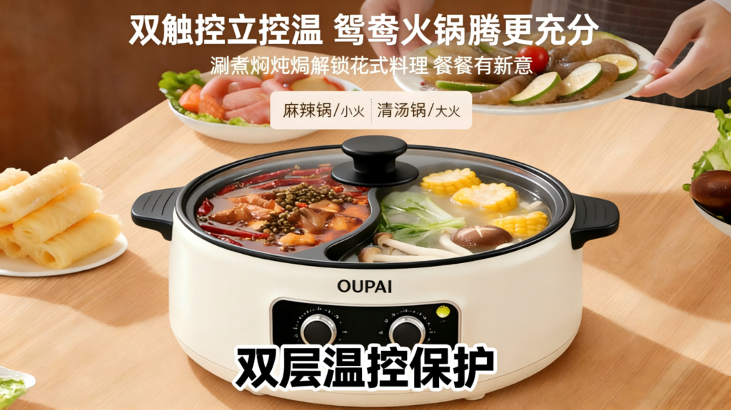 DHG-001 OUPAI多功能电煮锅，2000W大火力9档调节不粘电火锅，8L大容量鸳鸯锅插图4