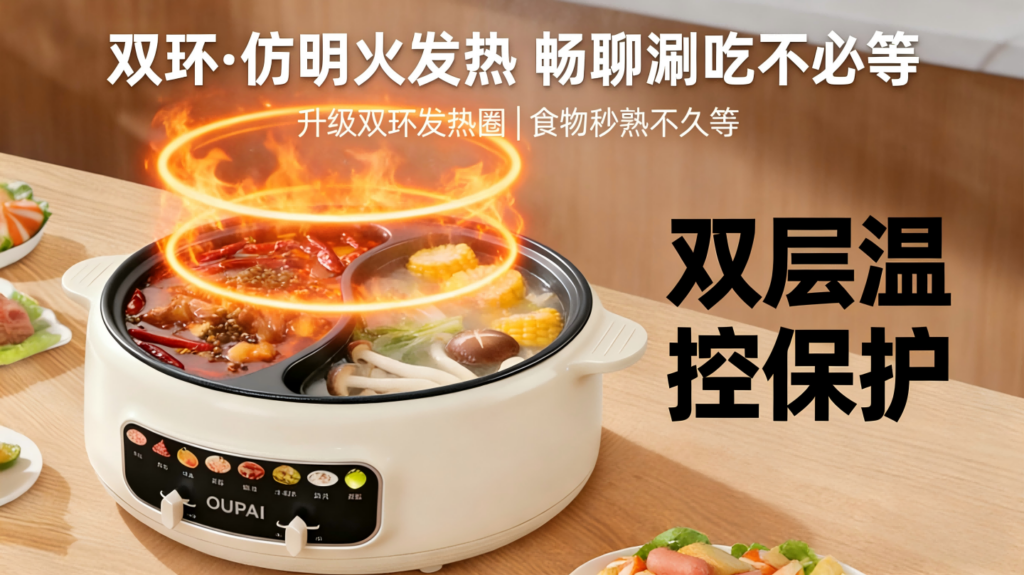 DHG-001 OUPAI多功能电煮锅，2000W大火力9档调节不粘电火锅，8L大容量鸳鸯锅插图5