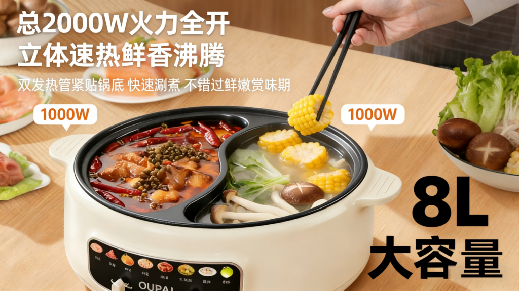 DHG-001 OUPAI多功能电煮锅，2000W大火力9档调节不粘电火锅，8L大容量鸳鸯锅插图