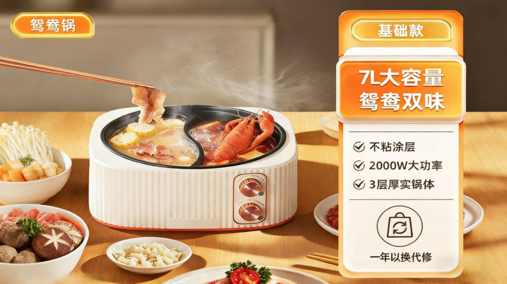 DHG-004宿舍不粘锅鸳鸯锅，双控加深大容量电火锅，蒸煮家用电煮锅多功能插图