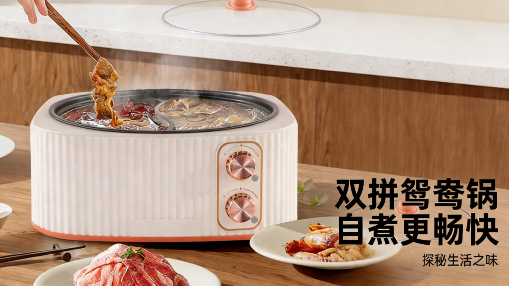 DHG-004宿舍不粘锅鸳鸯锅，双控加深大容量电火锅，蒸煮家用电煮锅多功能插图1