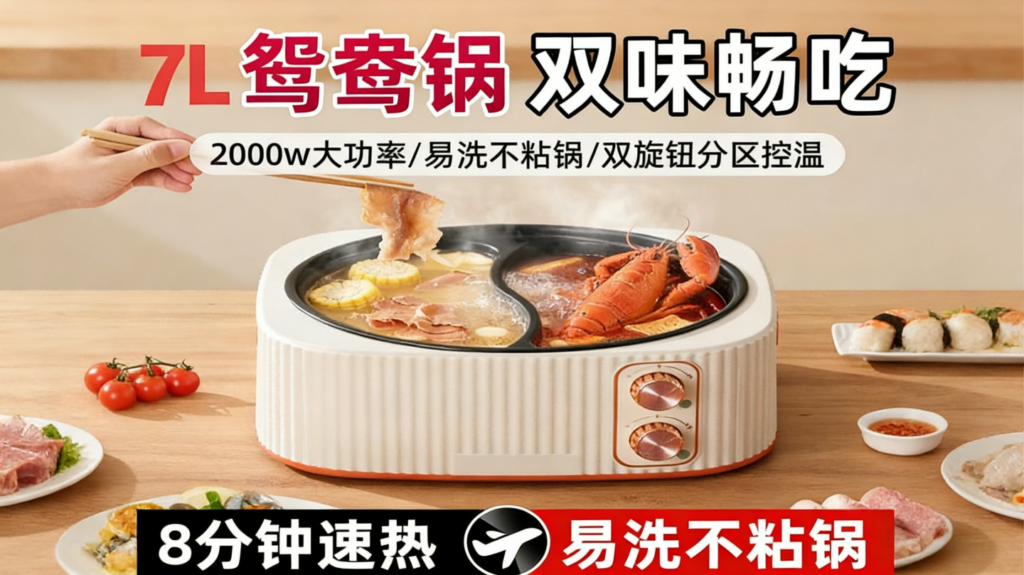 DHG-004宿舍不粘锅鸳鸯锅，双控加深大容量电火锅，蒸煮家用电煮锅多功能插图2