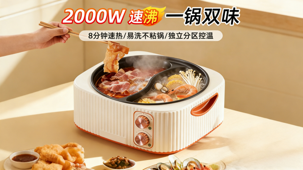 DHG-004宿舍不粘锅鸳鸯锅，双控加深大容量电火锅，蒸煮家用电煮锅多功能插图4