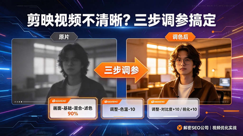 剪映怎么让视频清晰?滤色加色温对比度锐化三步调参,画质瞬间提升插图 剪映怎么让视频清晰?滤色加色温对比度锐化三步调参,画质瞬间提升插图